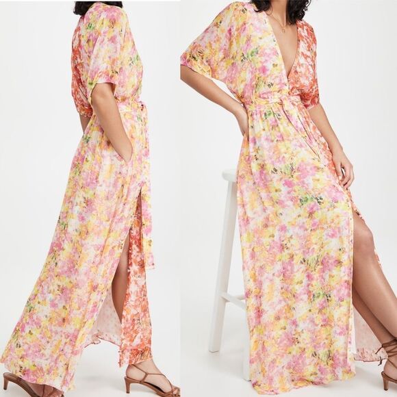 NWT Rococo Sand Nesh Mixed Floral V Neck Maxi Dress Orange Yellow XS - Picture 2 of 14